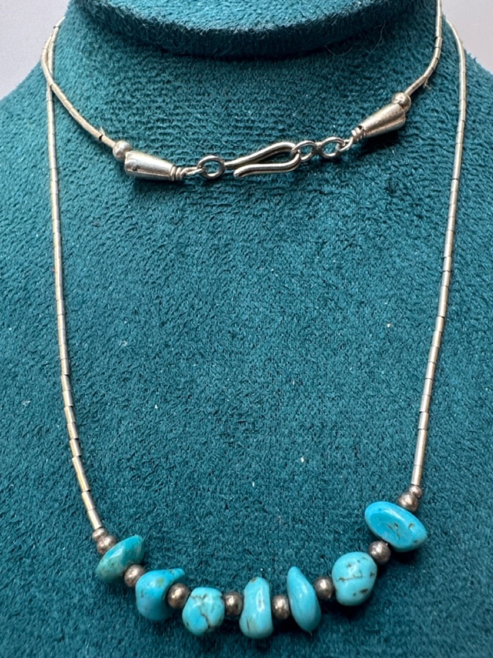 Turquoise Liquid Sterling Silver Necklace Cone Caps Hook Closure 20”